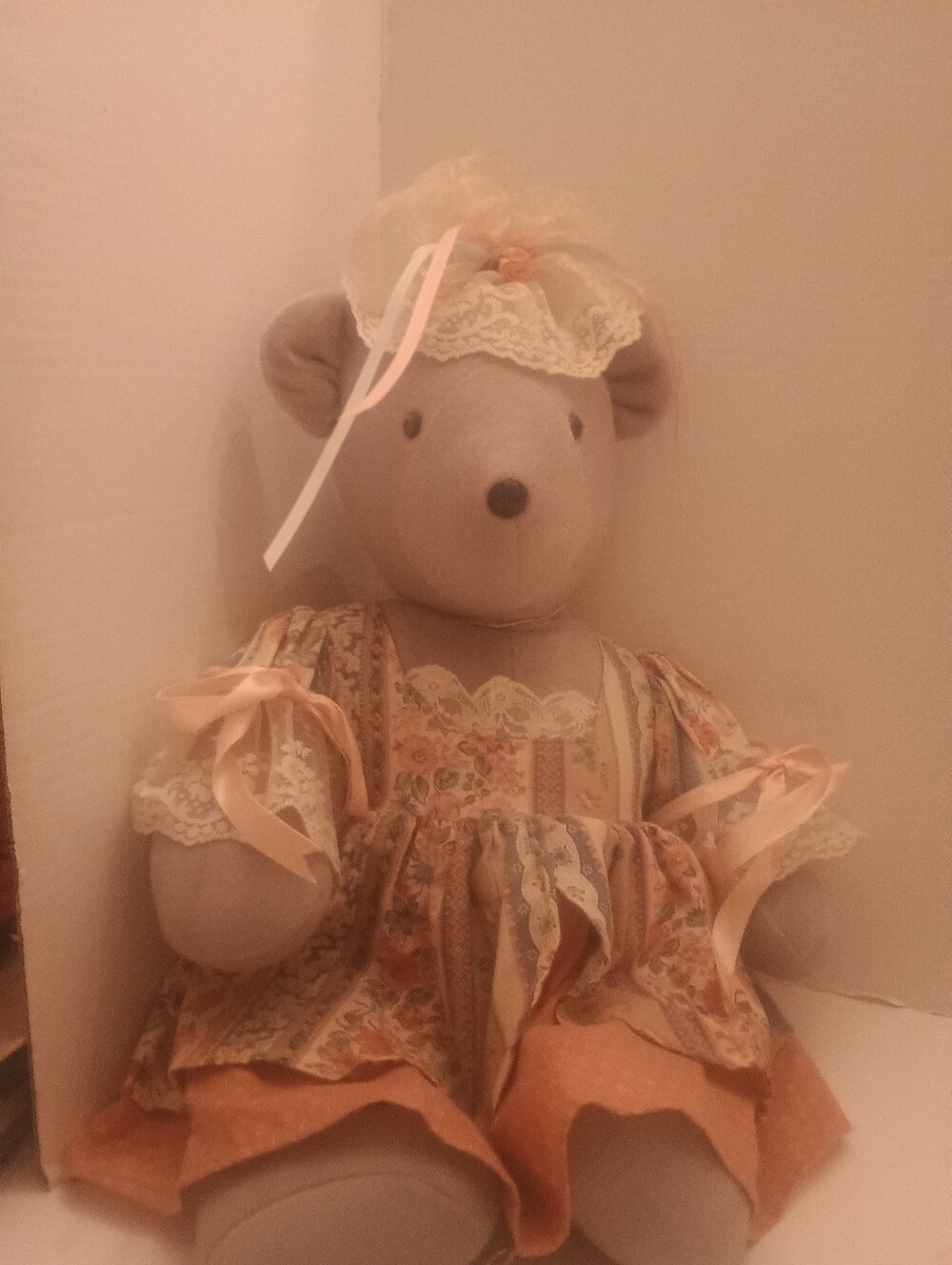 Plush Bear Doll in Mauve /Blue Floral Dress